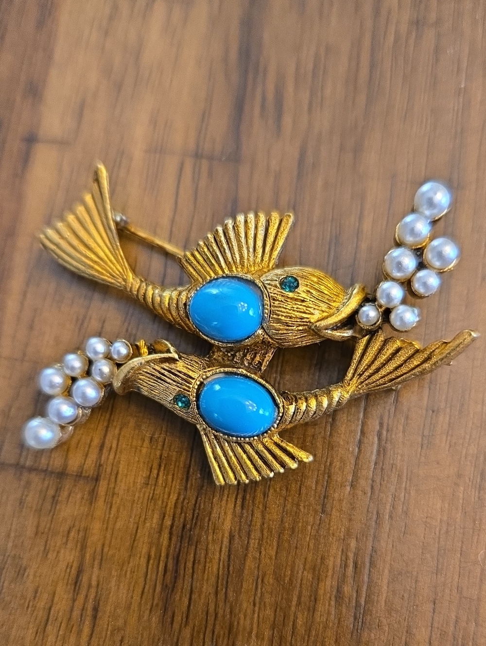 Gold Tone Blue Cabochon Pisces Brooch with Pearl Sprays